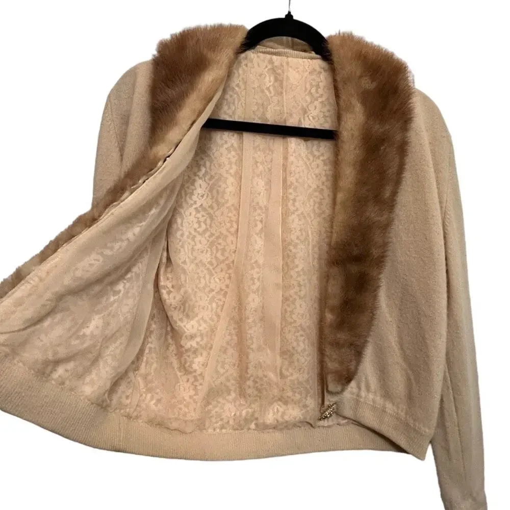1950s Cashmere Cardigan Detachable Mink Fur Collar Rhinestone Clasp Glam SM - Picture 2 of 13